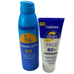 Coppertone Complete 50 Sunscreen Spray 5.5OZ & Coppertone Sunscreen Lotion Sport Face 60 2.5OZ (85 Pc Lot)