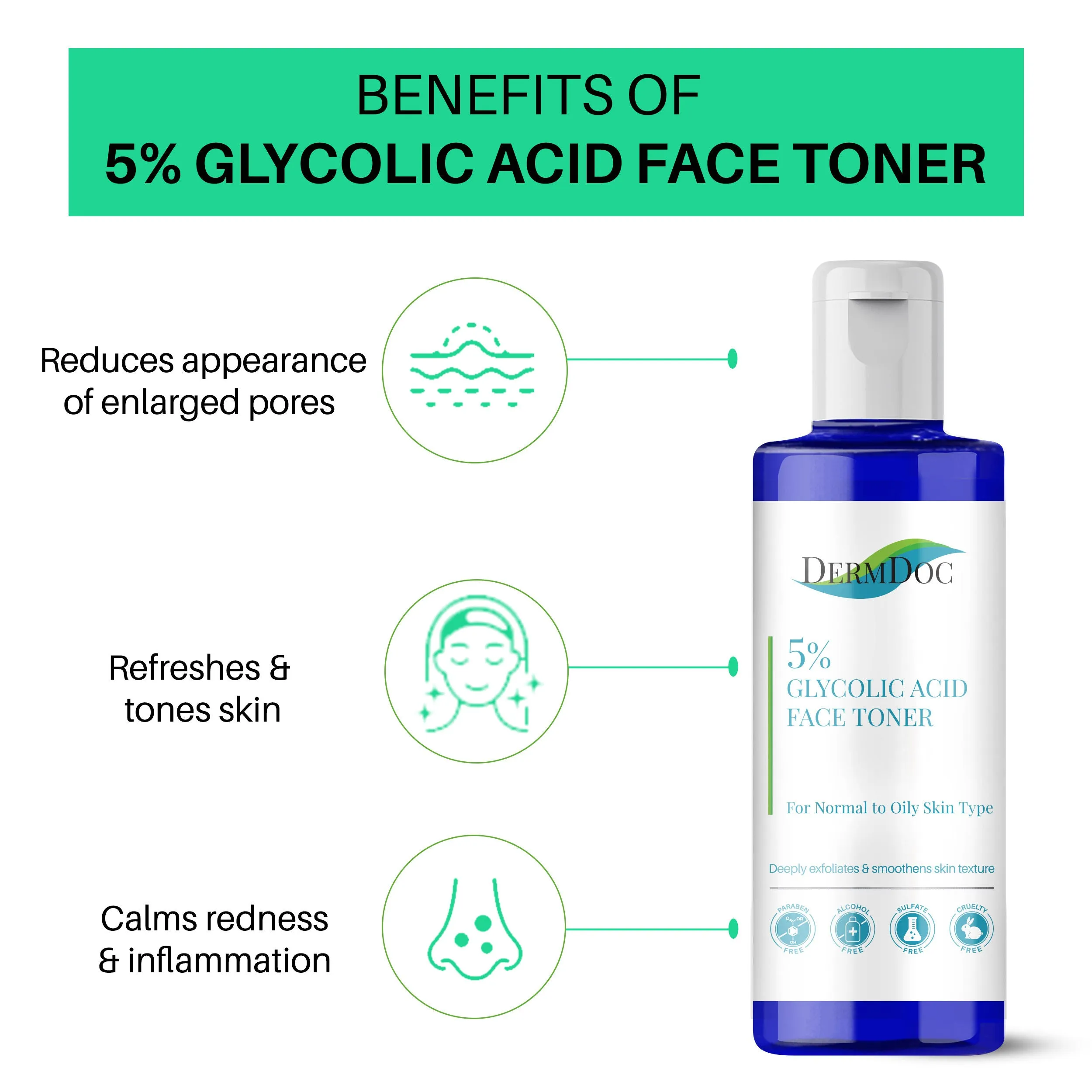 DermDoc 5% Glycolic Acid Face Toner (100 ml) | Toner for Normal and Oily Skin | Alcohol Free Toner | Exfoliating , Oil Control , Clears Clogged Pores , Smooth Skin