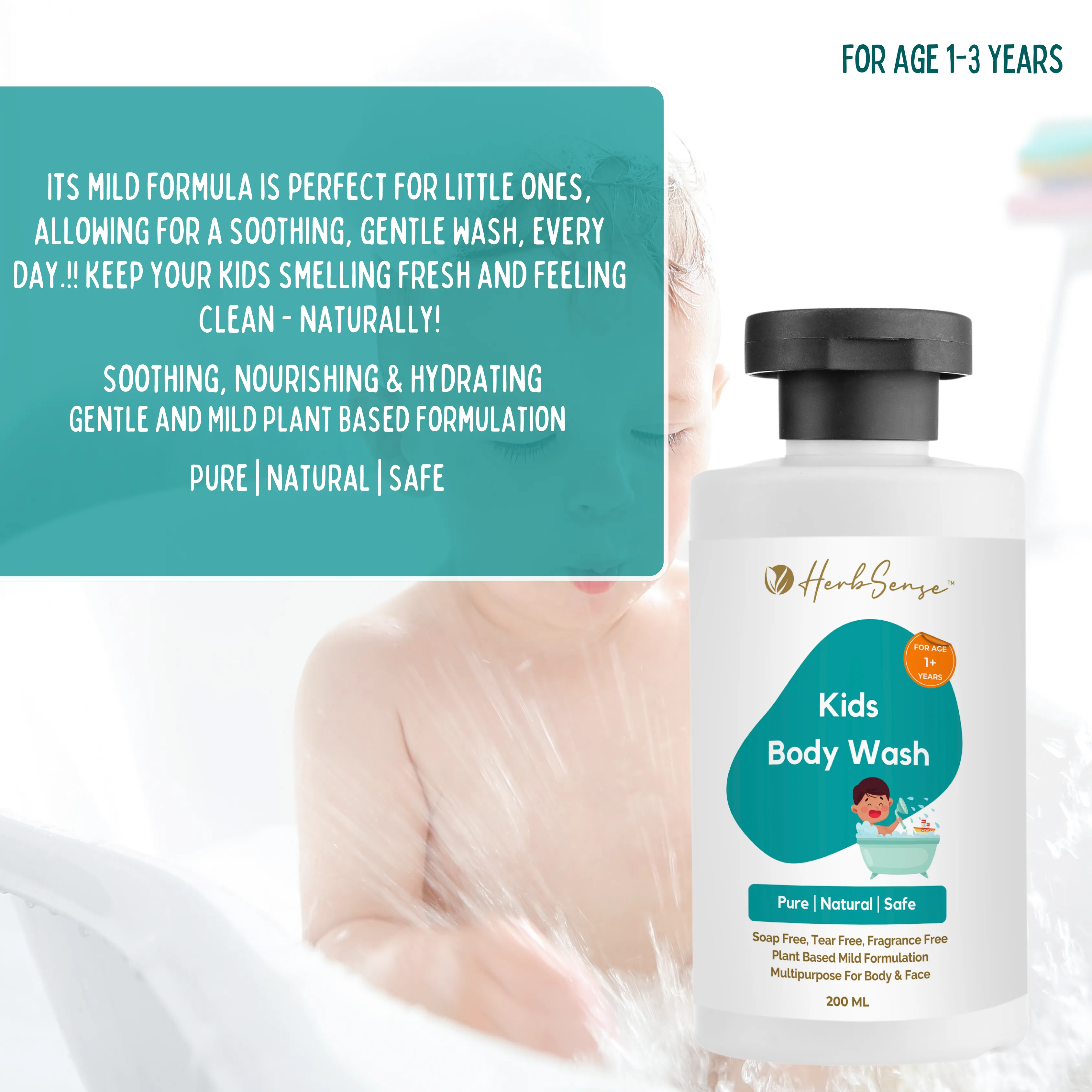 Kids Body Wash-200ml | Plant Based | Fragrance & Color Free | Gentle & Safe | Multipurpose for Body & Face. For Age 1  Years.