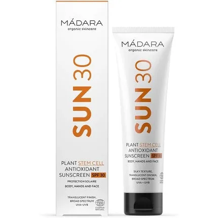 MÁDARA Plant stem cells, antioxidant, sunscreen SPF 30 organic skin care, translucent coverage broad spectrum UVA/UVB protection, prevents aging, 100 ml